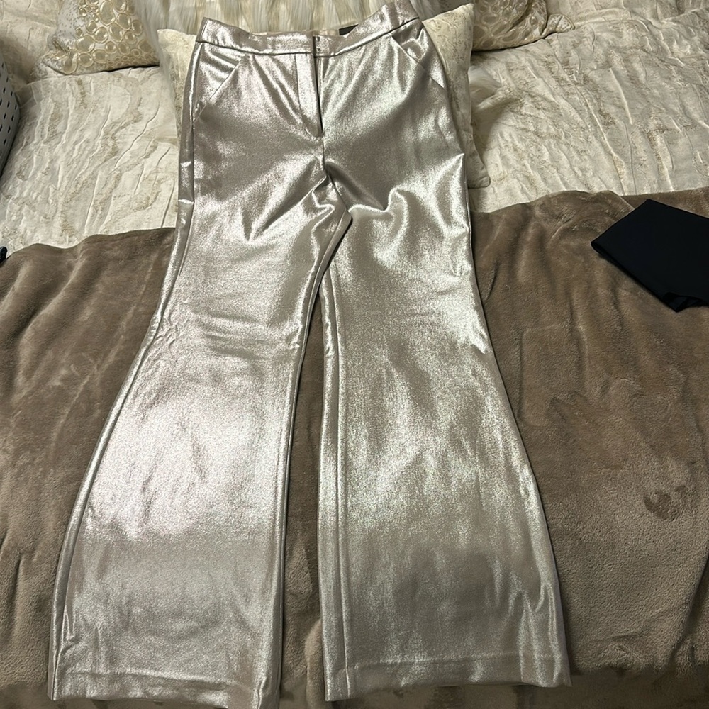 Express high rise flare trouser size 0R. BNWT! Shiny metallic silver!